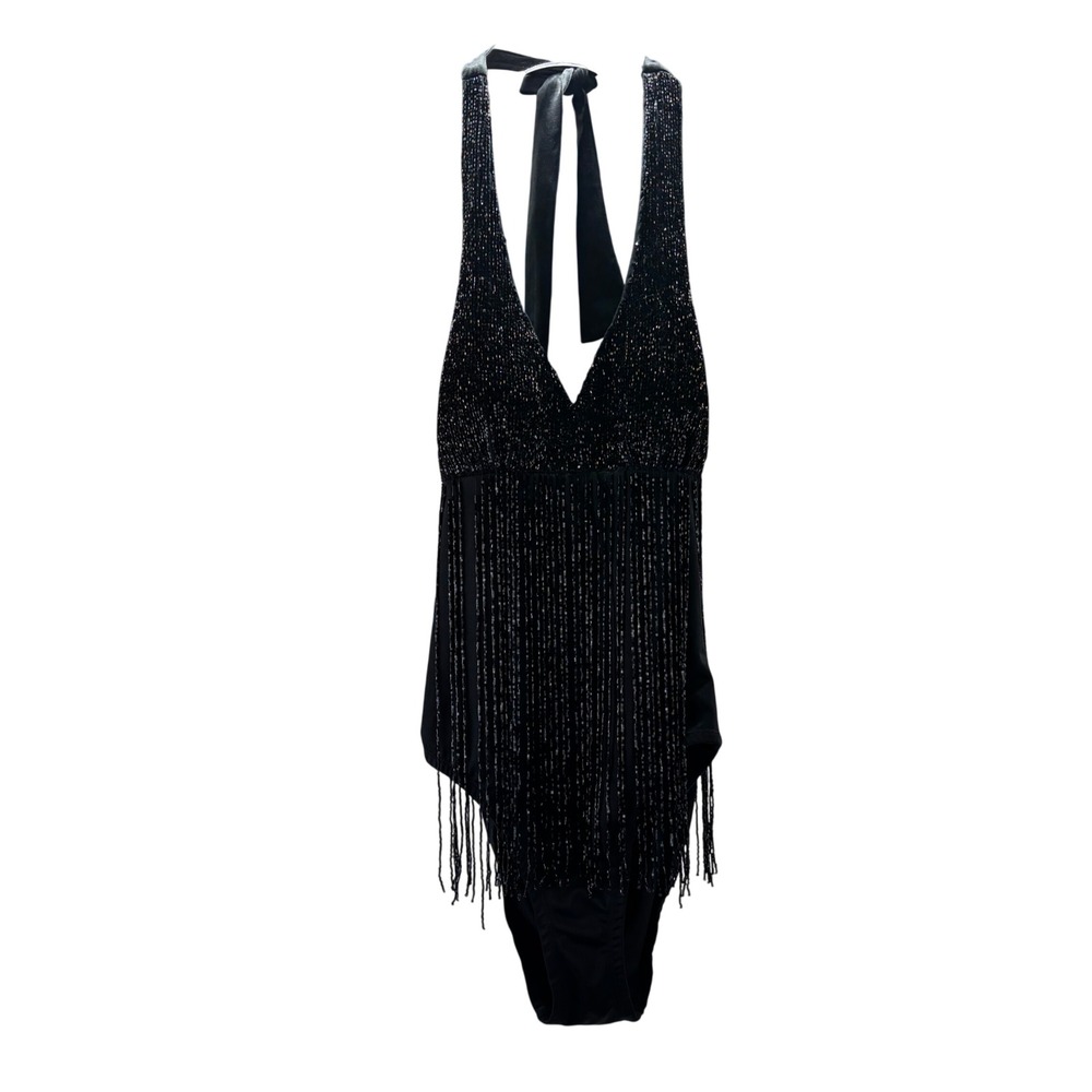 Amita Naithani Black Fringe Halter suit Size 6 Lace Trim Festival Boho - Picture 2 of 9